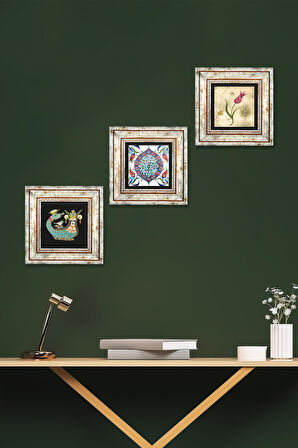 Lale Ebru Sanatı, Çini Sanatı, Şahmeran Taş Duvar Tablosu Çerçeveli Duvar Dekoru 3 Parça Tablo Seti Wall Art