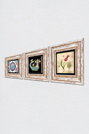 Lale Ebru Sanatı, Çini Sanatı, Şahmeran Taş Duvar Tablosu Çerçeveli Duvar Dekoru 3 Parça Tablo Seti Wall Art