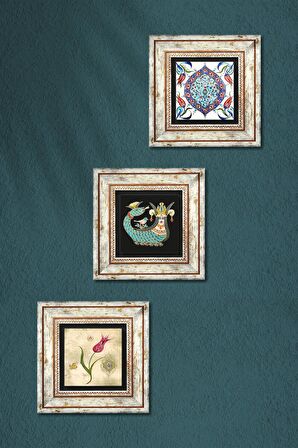 Lale Ebru Sanatı, Çini Sanatı, Şahmeran Taş Duvar Tablosu Çerçeveli Duvar Dekoru 3 Parça Tablo Seti Wall Art