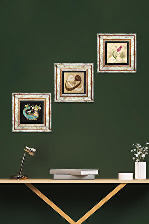 Lale Ebru Sanatı, Vav, Şahmeran Taş Duvar Tablosu Çerçeveli Duvar Dekoru 3 Parça Tablo Seti Wall Art