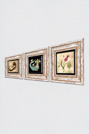 Lale Ebru Sanatı, Vav, Şahmeran Taş Duvar Tablosu Çerçeveli Duvar Dekoru 3 Parça Tablo Seti Wall Art