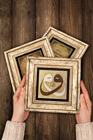 Lale Ebru Sanatı, Vav, Şahmeran Taş Duvar Tablosu Çerçeveli Duvar Dekoru 3 Parça Tablo Seti Wall Art