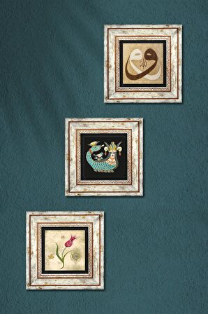 Lale Ebru Sanatı, Vav, Şahmeran Taş Duvar Tablosu Çerçeveli Duvar Dekoru 3 Parça Tablo Seti Wall Art