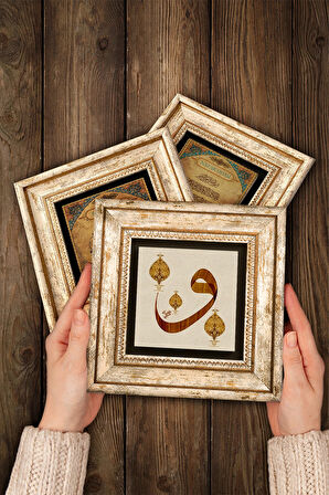 Lale Ebru Sanatı, Vav, Şahmeran Taş Duvar Tablosu Çerçeveli Duvar Dekoru 3 Parça Tablo Seti Wall Art