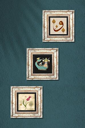 Lale Ebru Sanatı, Vav, Şahmeran Taş Duvar Tablosu Çerçeveli Duvar Dekoru 3 Parça Tablo Seti Wall Art