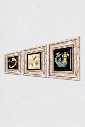 Lale Ebru Sanatı, Vav, Şahmeran Taş Duvar Tablosu Çerçeveli Duvar Dekoru 3 Parça Tablo Seti Wall Art