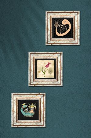 Lale Ebru Sanatı, Vav, Şahmeran Taş Duvar Tablosu Çerçeveli Duvar Dekoru 3 Parça Tablo Seti Wall Art