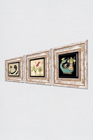 Lale Ebru Sanatı, Vav, Şahmeran Taş Duvar Tablosu Çerçeveli Duvar Dekoru 3 Parça Tablo Seti Wall Art