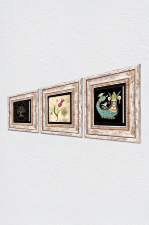 Hayat Ağacı, Lale Ebru Sanatı, Şahmeran Taş Duvar Tablosu Çerçeveli Duvar Dekoru 3 Parça Tablo Seti Wall Art