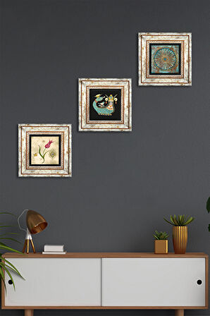 Yaşam Çiçeği, Lale Ebru Sanatı, Şahmeran Taş Duvar Tablosu Çerçeveli Duvar Dekoru 3 Parça Tablo Seti Wall Art