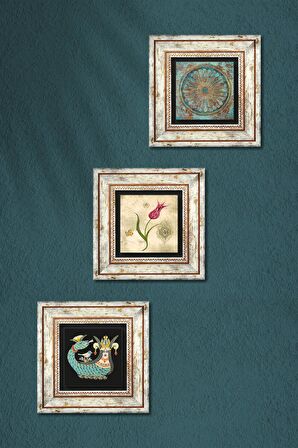 Yaşam Çiçeği, Lale Ebru Sanatı, Şahmeran Taş Duvar Tablosu Çerçeveli Duvar Dekoru 3 Parça Tablo Seti Wall Art