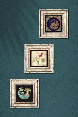 Tavus Kuşu, Lale Ebru Sanatı, Şahmeran Taş Duvar Tablosu Çerçeveli Duvar Dekoru 3 Parça Tablo Seti Wall Art