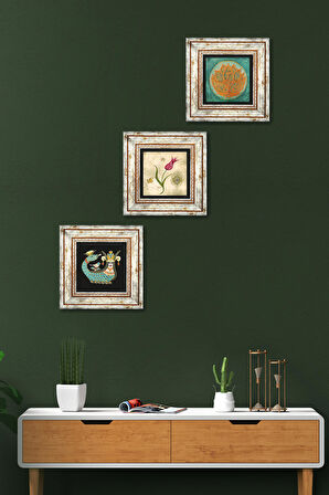 Lotus Çiçeği, Lale Ebru Sanatı, Şahmeran Taş Duvar Tablosu Çerçeveli Duvar Dekoru 3 Parça Tablo Seti Wall Art