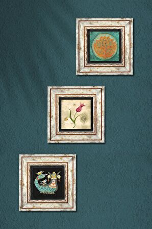 Lotus Çiçeği, Lale Ebru Sanatı, Şahmeran Taş Duvar Tablosu Çerçeveli Duvar Dekoru 3 Parça Tablo Seti Wall Art