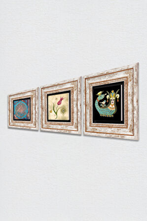 Yaşam Çiçeği, Lale Ebru Sanatı, Şahmeran Taş Duvar Tablosu Çerçeveli Duvar Dekoru 3 Parça Tablo Seti Wall Art