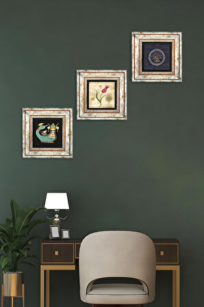 Nazar, Lale Ebru Sanatı, Şahmeran Taş Duvar Tablosu Çerçeveli Duvar Dekoru 3 Parça Tablo Seti Wall Art