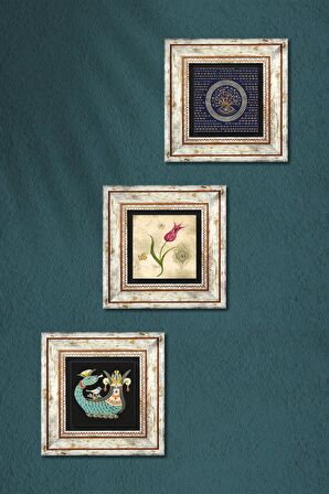 Nazar, Lale Ebru Sanatı, Şahmeran Taş Duvar Tablosu Çerçeveli Duvar Dekoru 3 Parça Tablo Seti Wall Art
