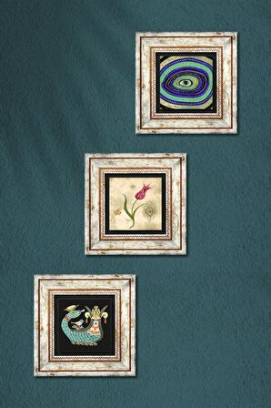 Nazar, Lale Ebru Sanatı, Şahmeran Taş Duvar Tablosu Çerçeveli Duvar Dekoru 3 Parça Tablo Seti Wall Art