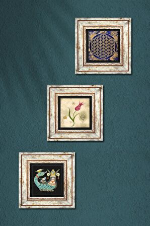 Yaşam Çiçeği, Lale Ebru Sanatı, Şahmeran Taş Duvar Tablosu Çerçeveli Duvar Dekoru 3 Parça Tablo Seti Wall Art