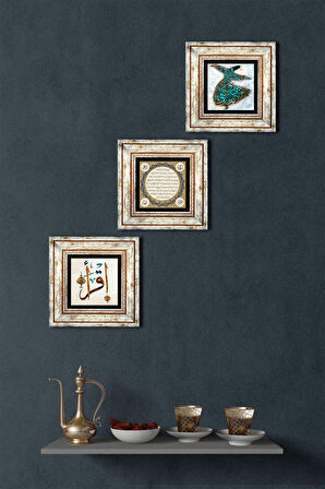Semazen, İlk Ayet 'Oku', Hilye-i Şerif Taş Duvar Tablosu Çerçeveli Duvar Dekoru 3 Parça Tablo Seti Wall Art
