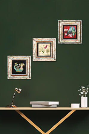 Kuş, Lale Ebru Sanatı, Şahmeran Taş Duvar Tablosu Çerçeveli Duvar Dekoru 3 Parça Tablo Seti Wall Art
