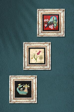 Kuş, Lale Ebru Sanatı, Şahmeran Taş Duvar Tablosu Çerçeveli Duvar Dekoru 3 Parça Tablo Seti Wall Art