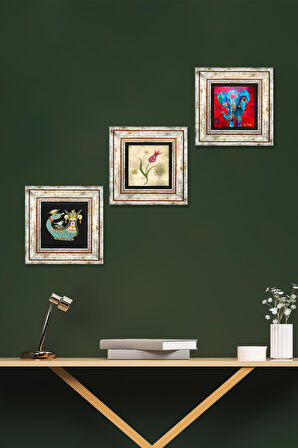 Fil, Lale Ebru Sanatı, Şahmeran Taş Duvar Tablosu Çerçeveli Duvar Dekoru 3 Parça Tablo Seti Wall Art
