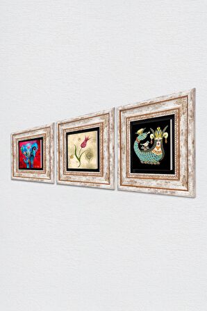 Fil, Lale Ebru Sanatı, Şahmeran Taş Duvar Tablosu Çerçeveli Duvar Dekoru 3 Parça Tablo Seti Wall Art