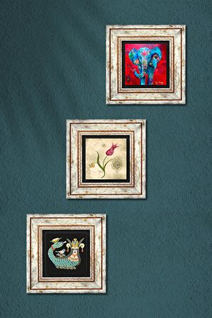 Fil, Lale Ebru Sanatı, Şahmeran Taş Duvar Tablosu Çerçeveli Duvar Dekoru 3 Parça Tablo Seti Wall Art