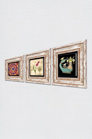 Mandala, Lale Ebru Sanatı, Şahmeran Taş Duvar Tablosu Çerçeveli Duvar Dekoru 3 Parça Tablo Seti Wall Art