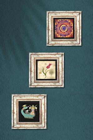 Mandala, Lale Ebru Sanatı, Şahmeran Taş Duvar Tablosu Çerçeveli Duvar Dekoru 3 Parça Tablo Seti Wall Art
