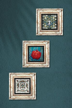 Hayat Ağacı, Çini Sanatı, Nar Taş Duvar Tablosu Çerçeveli Duvar Dekoru 3 Parça Tablo Seti Wall Art