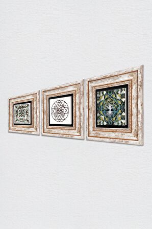 Hayat Ağacı, Sri Yantra, Çini Sanatı Taş Duvar Tablosu Çerçeveli Duvar Dekoru 3 Parça Tablo Seti Wall Art