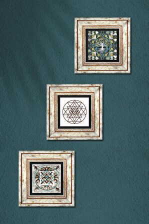Hayat Ağacı, Sri Yantra, Çini Sanatı Taş Duvar Tablosu Çerçeveli Duvar Dekoru 3 Parça Tablo Seti Wall Art