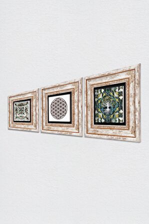 Hayat Ağacı, Yaşam Çiçeği, Çini Sanatı Taş Duvar Tablosu Çerçeveli Duvar Dekoru 3 Parça Tablo Seti Wall Art