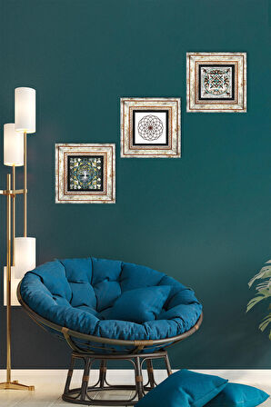 Hayat Ağacı, Yaşam Çiçeği, Çini Sanatı Taş Duvar Tablosu Çerçeveli Duvar Dekoru 3 Parça Tablo Seti Wall Art