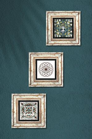 Hayat Ağacı, Yaşam Çiçeği, Çini Sanatı Taş Duvar Tablosu Çerçeveli Duvar Dekoru 3 Parça Tablo Seti Wall Art