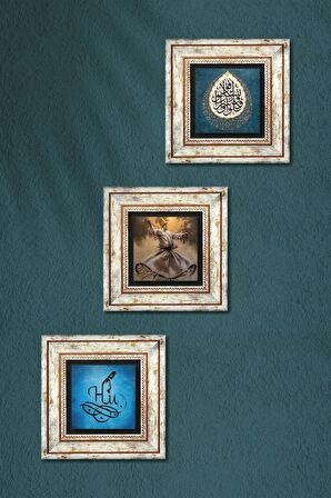 Semazen, Hu, Araf Suresi 31.Ayet Taş Duvar Tablosu Çerçeveli Duvar Dekoru 3 Parça Tablo Seti Wall Art