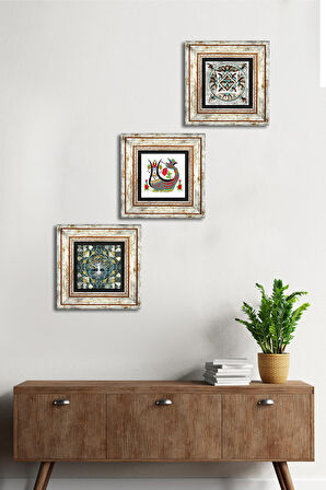 Hayat Ağacı, Şahmeran, Çini Sanatı Taş Duvar Tablosu Çerçeveli Duvar Dekoru 3 Parça Tablo Seti Wall Art