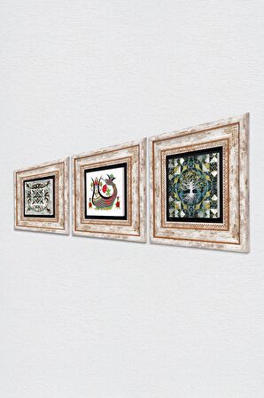 Hayat Ağacı, Şahmeran, Çini Sanatı Taş Duvar Tablosu Çerçeveli Duvar Dekoru 3 Parça Tablo Seti Wall Art