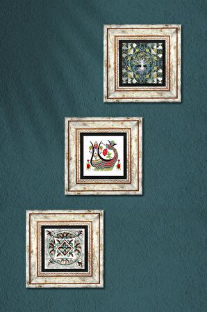 Hayat Ağacı, Şahmeran, Çini Sanatı Taş Duvar Tablosu Çerçeveli Duvar Dekoru 3 Parça Tablo Seti Wall Art