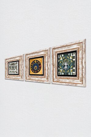 Hayat Ağacı, Nazar, Çini Sanatı Taş Duvar Tablosu Çerçeveli Duvar Dekoru 3 Parça Tablo Seti Wall Art