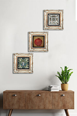 Hayat Ağacı, Bereket Duası, Çini Sanatı Taş Duvar Tablosu Çerçeveli Duvar Dekoru 3 Parça Tablo Seti Wall Art