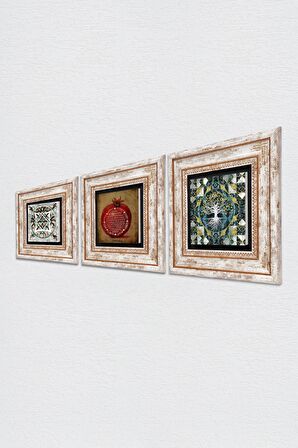 Hayat Ağacı, Bereket Duası, Çini Sanatı Taş Duvar Tablosu Çerçeveli Duvar Dekoru 3 Parça Tablo Seti Wall Art