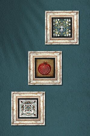 Hayat Ağacı, Bereket Duası, Çini Sanatı Taş Duvar Tablosu Çerçeveli Duvar Dekoru 3 Parça Tablo Seti Wall Art