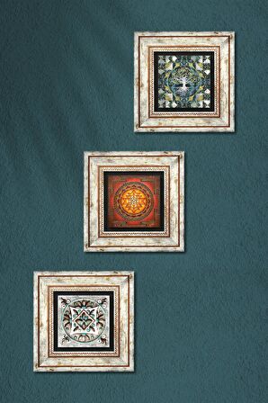 Hayat Ağacı, Sri Yantra, Çini Sanatı Taş Duvar Tablosu Çerçeveli Duvar Dekoru 3 Parça Tablo Seti Wall Art