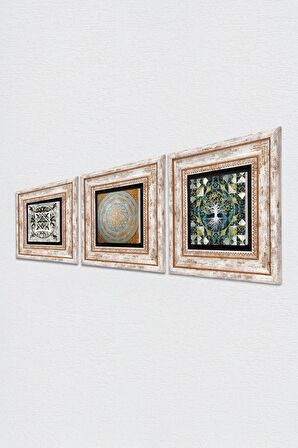 Hayat Ağacı, Sri Yantra, Çini Sanatı Taş Duvar Tablosu Çerçeveli Duvar Dekoru 3 Parça Tablo Seti Wall Art
