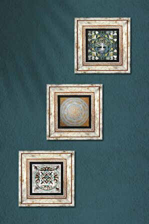 Hayat Ağacı, Sri Yantra, Çini Sanatı Taş Duvar Tablosu Çerçeveli Duvar Dekoru 3 Parça Tablo Seti Wall Art