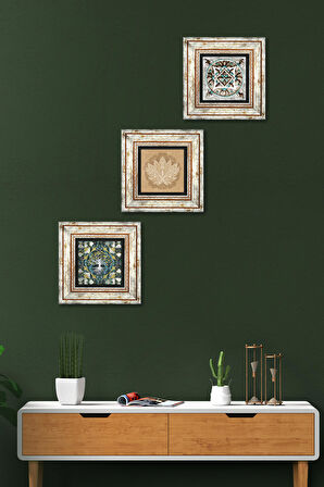 Hayat Ağacı, Lotus Çiçeği, Çini Sanatı Taş Duvar Tablosu Çerçeveli Duvar Dekoru 3 Parça Tablo Seti Wall Art