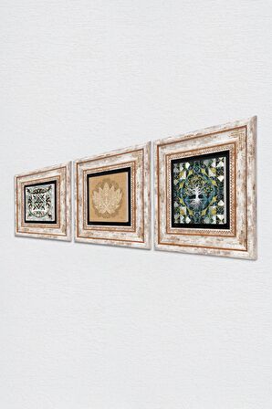 Hayat Ağacı, Lotus Çiçeği, Çini Sanatı Taş Duvar Tablosu Çerçeveli Duvar Dekoru 3 Parça Tablo Seti Wall Art